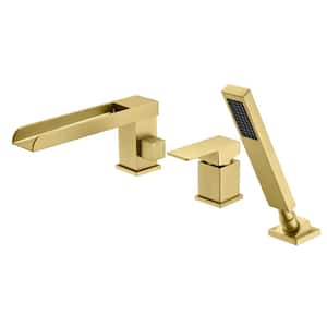 Waterfall Single Handle Tub Deck Mount Roman Tub Faucet with Hand Shower in Brushed Gold