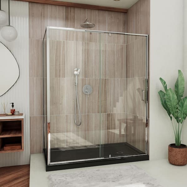 DreamLine Flex 36 in. D x 48 in. W x 74.75 in. Framed Pivot Shower Enclosure in Chrome with Right Drain Black Acrylic Base Kit