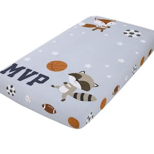 Team All Star Light Blue, Grey, and Orange, MVP Fox and Raccoon Sports Theme 100% Cotton Fitted Crib Sheet