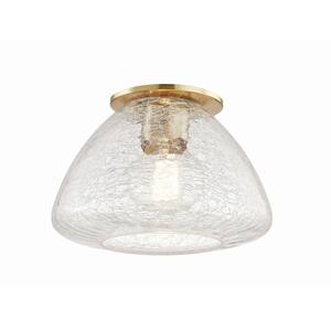 Maya 1-Light 9 in. W Aged Brass Flush Mount with Clear Crackle Glass Shade