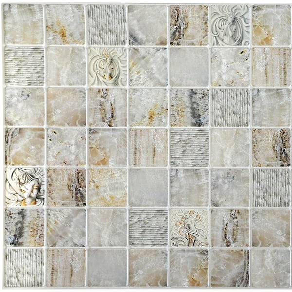 Dundee Deco 3D Falkirk Retro 10/1000 in. x 38 in. x 19 in. Beige Grey Faux Venecian Marble in Squares PVC Wall Panel