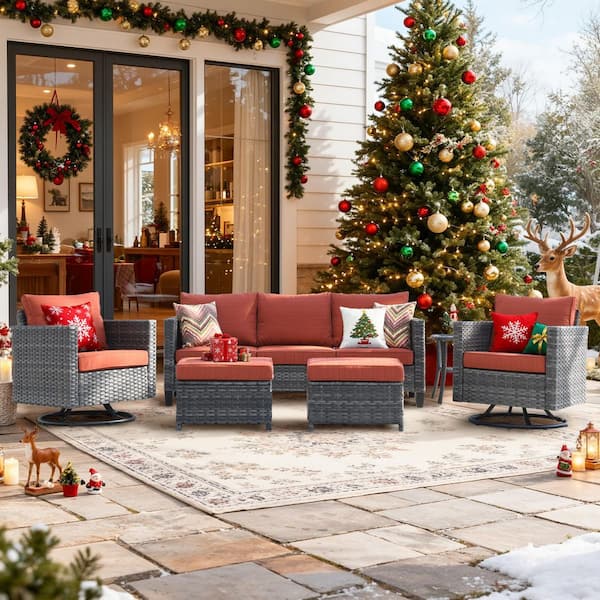 New Vultros Gray 6-Piece Wicker Outdoor Patio Conversation Set with Orange Red Cushions and Swivel Rocking Chairs