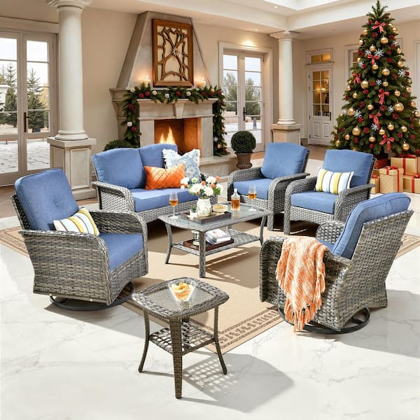 Toject Denali Gray 7-Piece Modern Wicker Patio Conversation Sofa Seating Swivel Rocking Chairs Set with Denim Blue Cushions