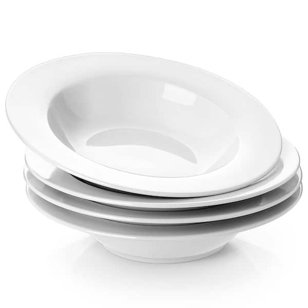 8.25 Inch White Porcelain Rimmed Shallow Bowls 8 oz. Straw-Hat Shape Dishwasher Safe Set of 4