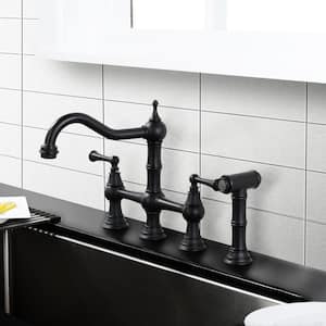 Elegant Double Handle Bridge Kitchen Faucet with Side Sprayer in Black