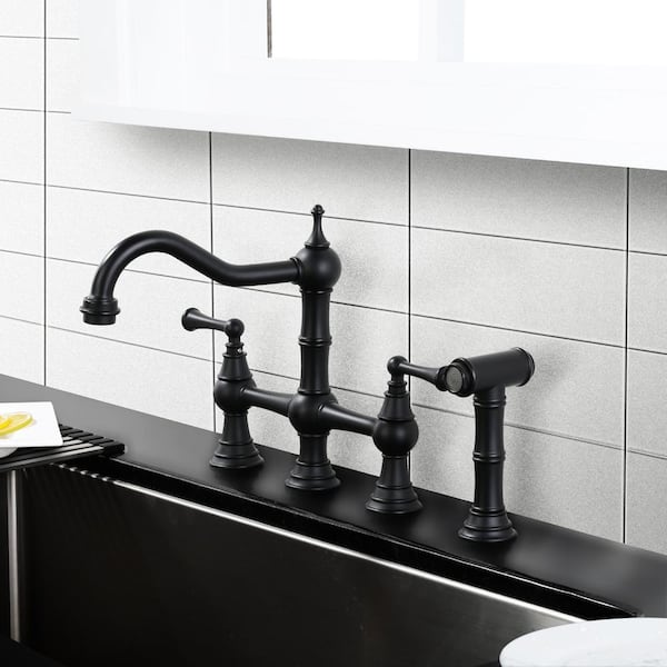 Brass 8 in. Double Handle Bridge Kitchen Faucet with Brass Valve, Side Sprayer and Supply Lines in Matte Black