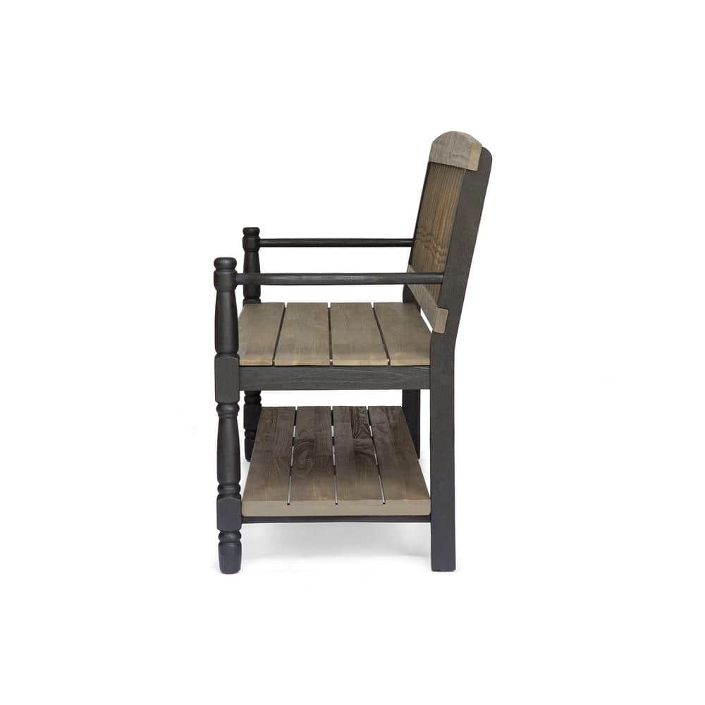 Gray and Black Acacia Wood Farmhouse Bench with Shelf