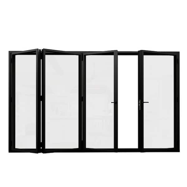 120 in. x 80 in. Left Swing/Outswing Double Tempered Glass Black Aluminum Folding Patio Door (3-Folding Plus 1-Swing)