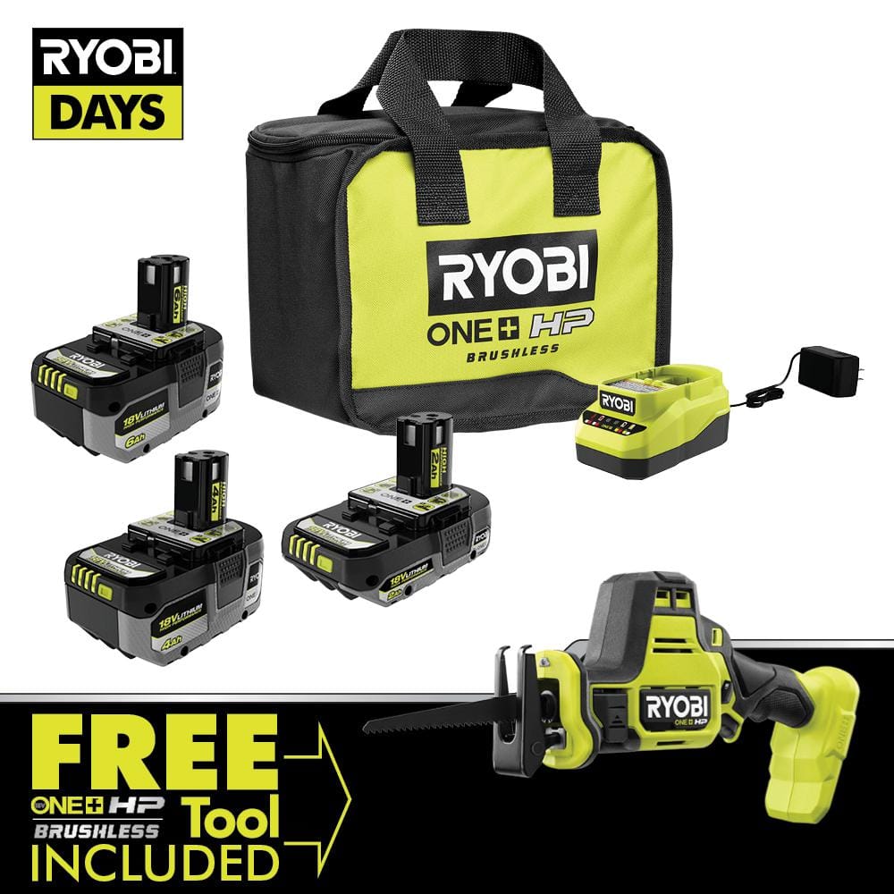 RYOBI ONE+ 18V Lithium-Ion 2.0 Ah, 4.0 Ah, and 6.0 Ah HIGH PERFORMANCE Batteries and Charger Kit w/ HP Brushless Recip Saw