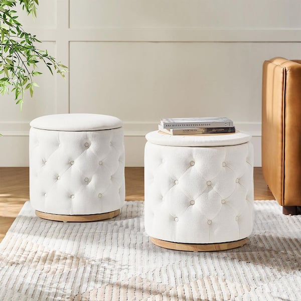 Tiffany White Polyester Round Ottoman with 360° Swivel Solid Wood Base (Set of 2)