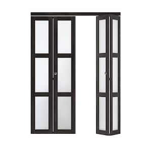 60 in. x 80.5 in. 3-Lite Tempered Frosted Glass Solid Core Dark Brown Finished Bi-Fold Door with Hardware