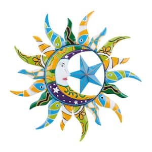 Metal Multi Colored Indoor Outdoor Sun and Moon Wall Decor with Abstract Patterns