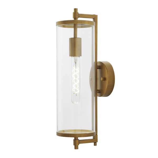 Hampton Bay Lurelane 18 in. Large Modern 1-Light Antique Brass Hardwired Outdoor Cylinder Wall Lantern Sconce