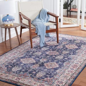 Tucson Navy/Beige 6 ft. x 6 ft. Machine Washable Floral Border Distressed Geometric Square Area Rug