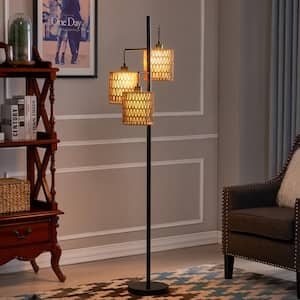 New York 65 in. H Black Farmhouse Tree Floor Lamp with 3 Natural Paper Rope Shades