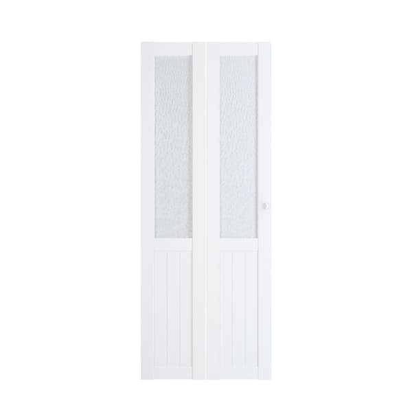 TENONER 30 in. x 80 in. White MDF, Hammered Glass ,Half Tempered Glass Panel Bi-Fold Interior Door for Closet with Hardware Kits