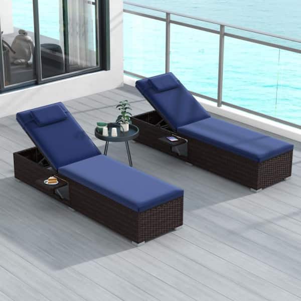 1-Piece Wicker PE Rattan Outdoor Chaise Lounge with 6-Level Backrest and Navy Cushions
