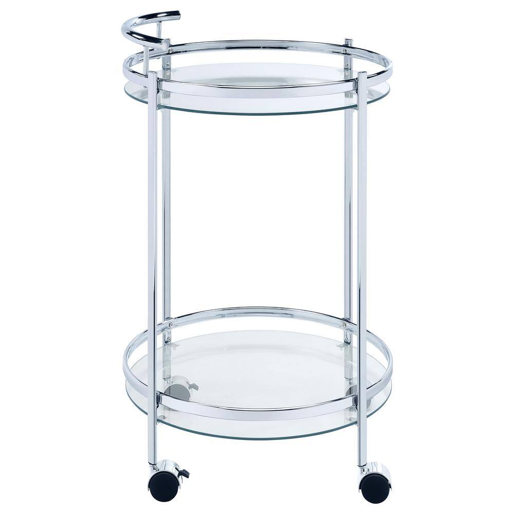 Modern Glam Silver Chrome Round Bar Cart with Tempered Glass Shelves