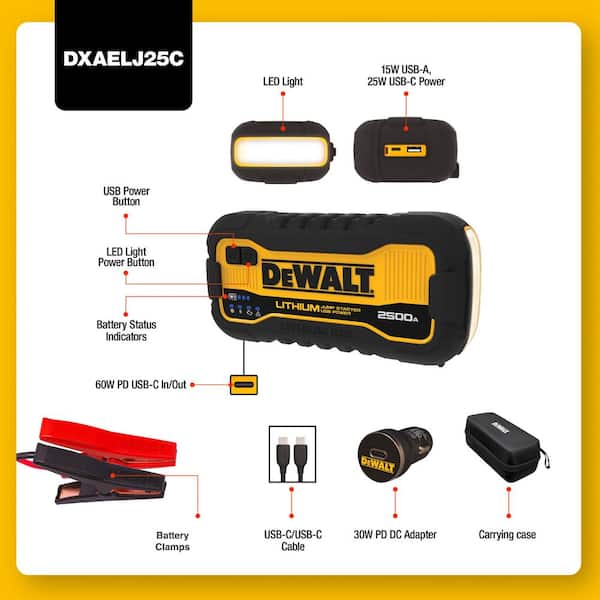 DEWALT 2500 Peak Amp Lithium Jump Starter with USB Power Bank and