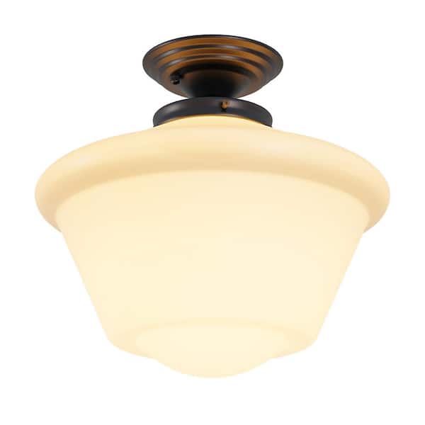 aiwen Industrial Farmhouse 13.77 in. 1-Light Indoor Black Semi-Flush Mount Ceiling Light with White Glass Shade