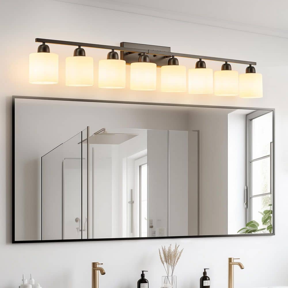 52 in. 8-Light Black Rustic Farmhouse Bathroom Vanity Light with Milky White Frosted Glass Shades(Bulb Not Included) price history on PriceWatchPro