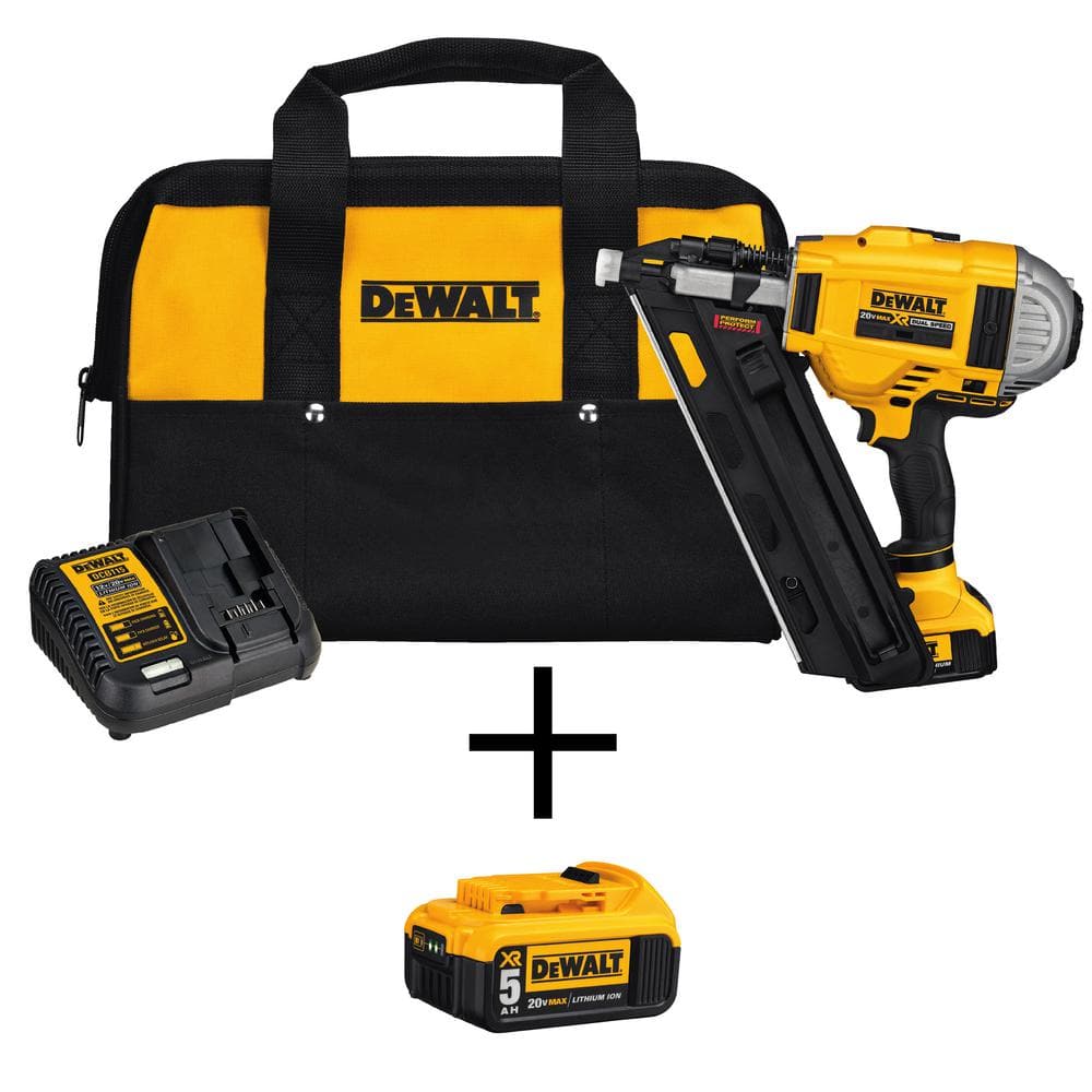 DEWALT 20V MAX XR Lithium-Ion 30-Degree Cordless Brushless 2-Speed Framing Nailer with 4Ah & 5Ah Batteries, Charger and Bag -  DCN692M1w5b