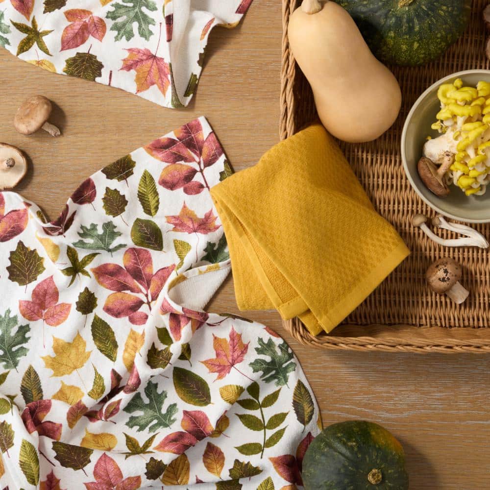 Autumn Harvest Falling Leaves Cotton Kitchen Towel Set