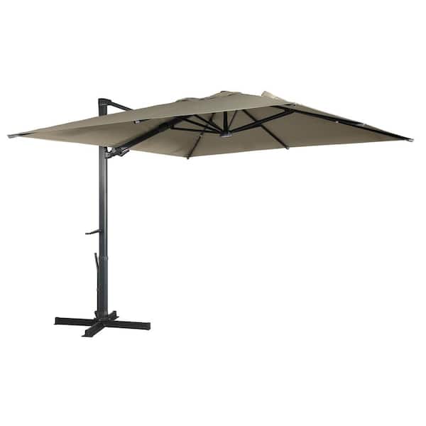 Clihome 10 ft. x 10 ft. Aluminum LED Cantilever Umbrella Square Crank Market Umbrella Tilt Patio Umbrella in Tan