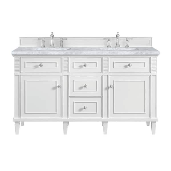 James Martin Vanities Lorelai 60.0 in. W. x 23.5 in. D x 34.06 in. H Double Bathroom Vanity in Bright White with Carrara White Marble Top