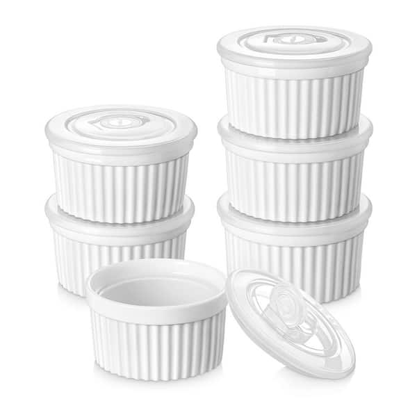 6-Piece 8 oz. White Porcelain Creme Brulee Souffle Dishes with Lid for Baking, Dishwasher and Oven Safe