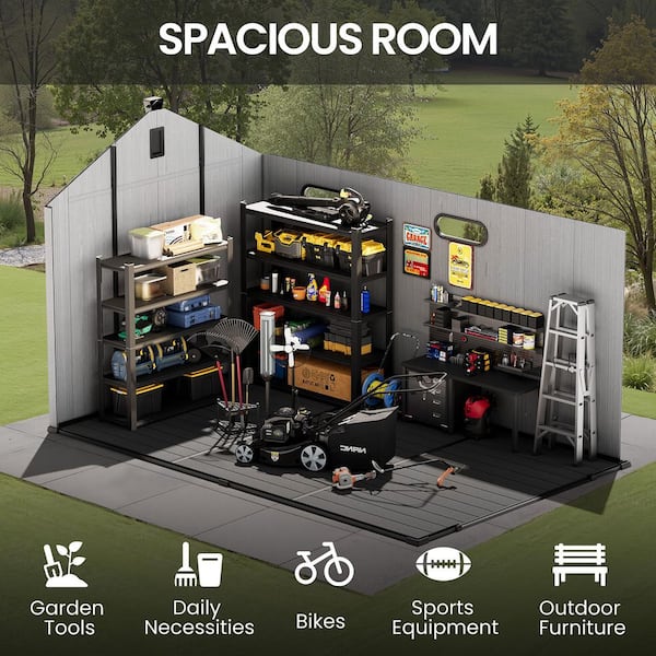 8 ft. x 12 ft. Outdoor Resin Storage Shed in Light Gray Weather Resistant Patio Tool Shed with Lockable Door and Floor