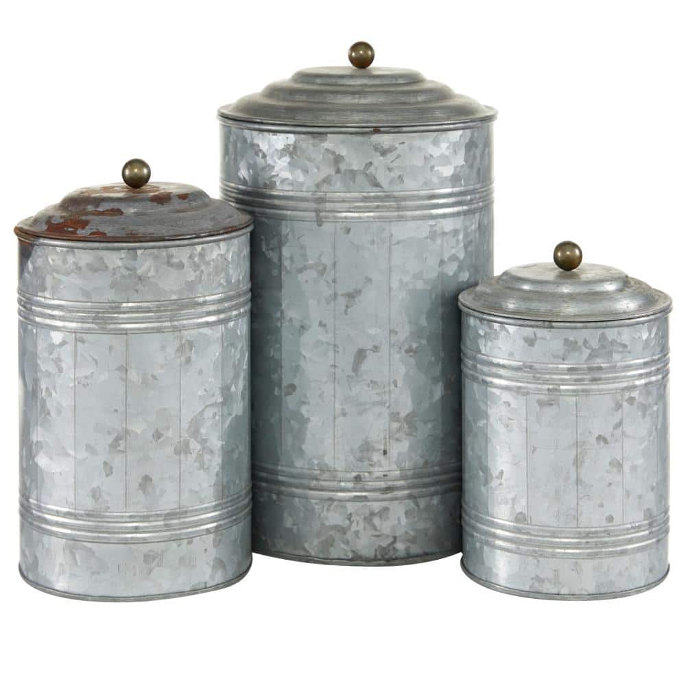 Gray Galvanized Metal Cylinder Canister Set with Lids