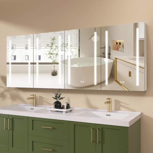 Zeafive 80 in. W x 30 in. H Recessed/Surface Mount Rectangular White LED Bathroom Medicine Cabinet w/ Mirror and Lights 4-Doors