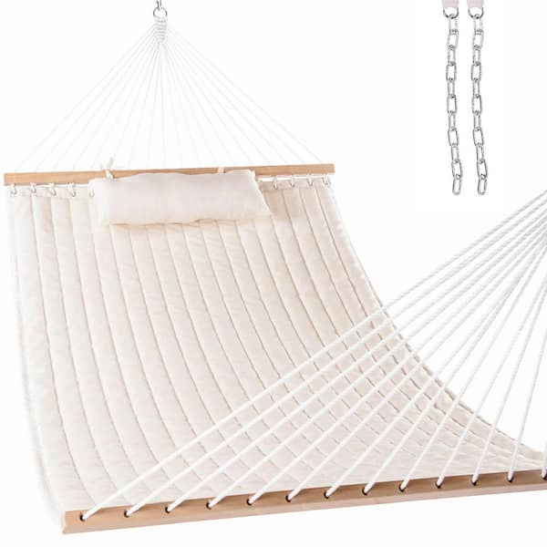 12 ft. Double Quilted Fabric Hammock with Hardwood Spreader Bars, Tassels, Soft Pillows, Chain, Cream Color