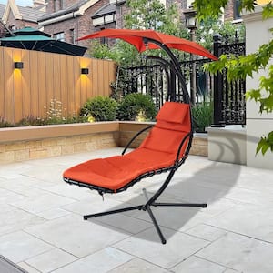 Black Metal Outdoor Swing Chaise Lounge with Removable Canopy and Orange Cushion