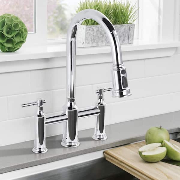 Pull Down Sprayer Double Handle Bridge Kitchen Faucet in Chrome
