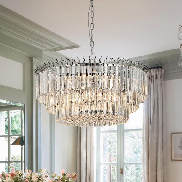 22.83 in. 9-Light Chrome Modern Glam Round Tiered Drum Crystal Chandelier for Dining Room