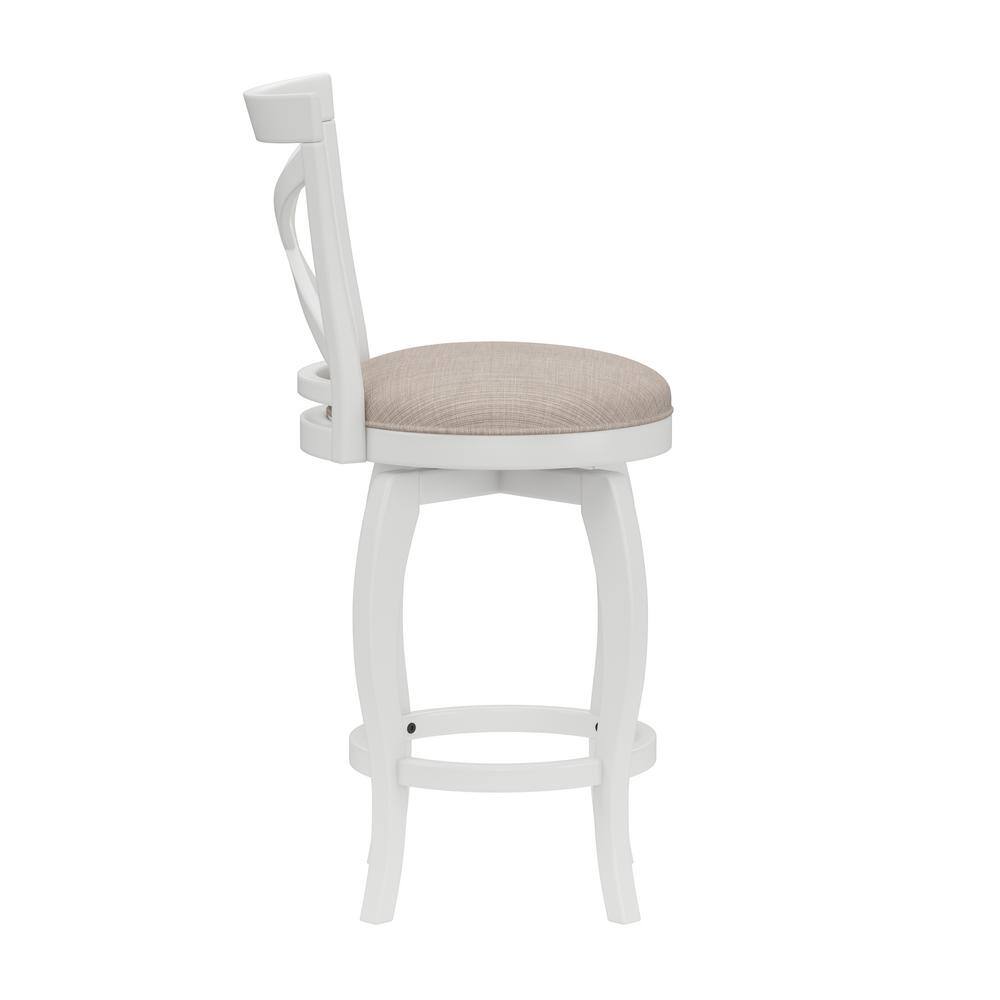 White Wood Swivel Counter Stool with Beige Fabric