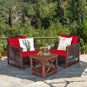 3-Pieces Rattan Wicker Patio Conversation Set Outdoor Furniture Set with Red Cushion
