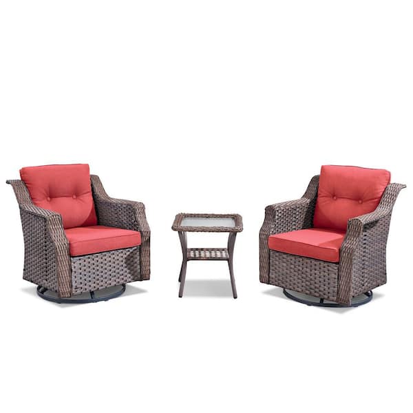3-Piece Wicker Swivel Patio Conversation Set, Swivel Chairs and Side Table with Red Cushions