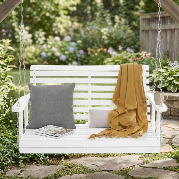 White 44 in. 3-Person Fir Wood Porch Swing, Patio Swing Chair with