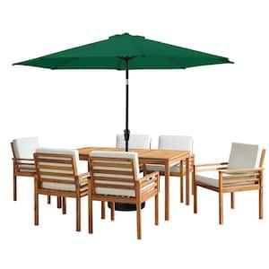 8 -Piece Set, Okemo Wood Outdoor Dining Table Set with 6 Cushioned Chairs, 10 ft. Auto Tilt Umbrella Hunter Green