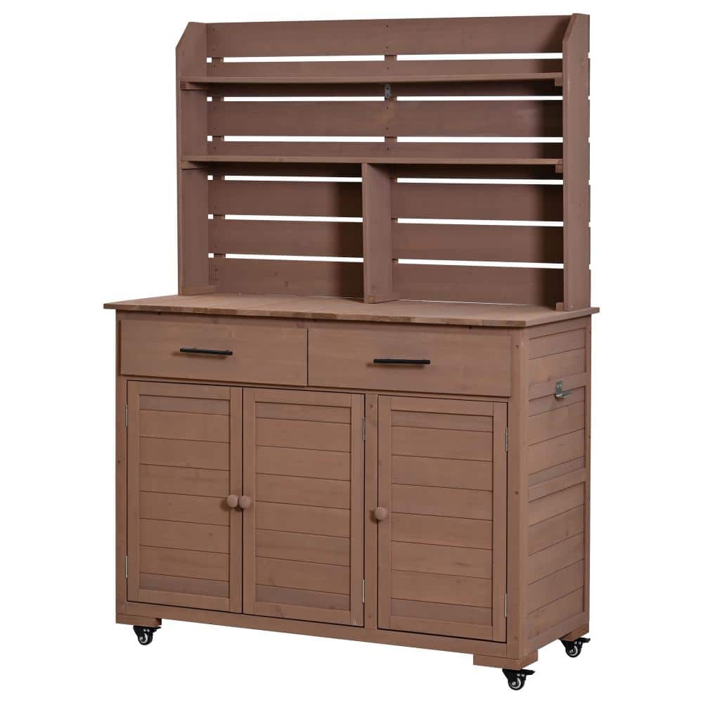 Outdoor Brown Potting Bench,Wooden Potting Table with Lockable Wheels and Storage Cabinet price history on PriceWatchPro