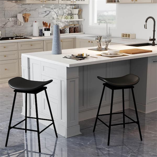 28 in. H Black Backless Metal Swivel Bar Stools with Faux Leather Set of 2 Upholstered Bar Height Chairs