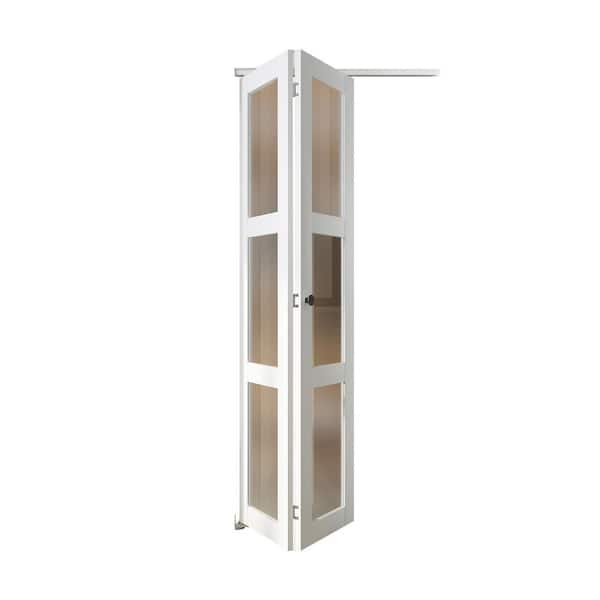 Gela 36 in. x 80 in. 3-Lite Frosted Glass Solid Core MDF White Closet Bi-fold Door With Installation Hardware Kit