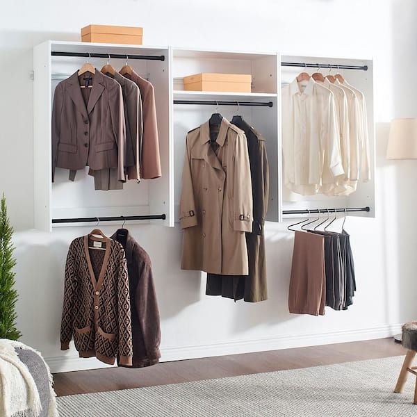Devi Series 31.5-94. 5in. W White Modular Closet System Wall Mount Double Hanging Rods 1-Shelf Wood Closet System