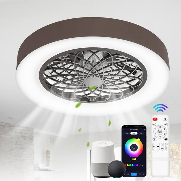 Breezary Baylee 20 in. Dimmable LED Indoor Farmhouse Brown Smart Flush Mount Ceiling Fan with RGB Light, App Control and Remote