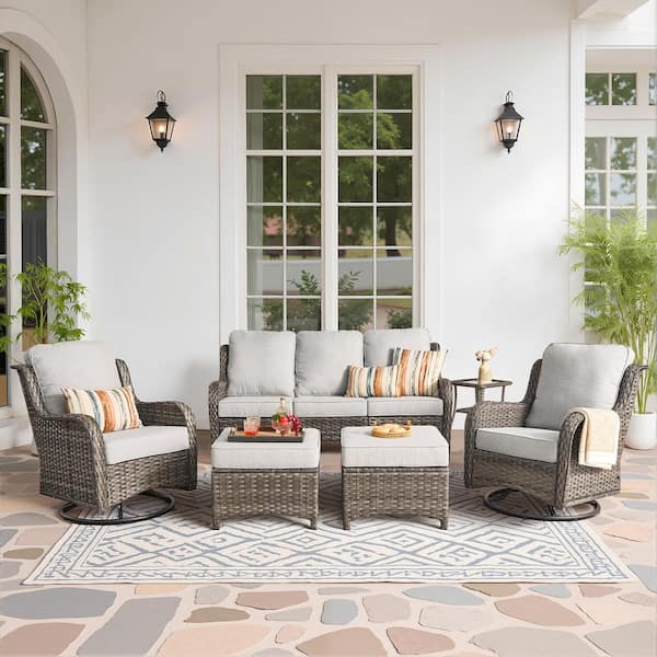 Moonlight Gray 6-Piece Wicker Patio Conversation Seating Sofa Set with Gray Cushions and Swivel Rocking Chairs