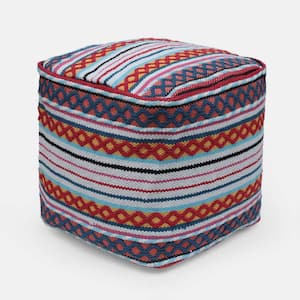 White, Yellow and Multi Red Fabric Square Pouf
