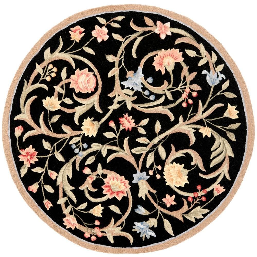 Handcrafted Black Floral Wool 8' Round Area Rug